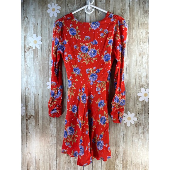 Zara Wrap Mini Dress Sz Small Red Blue Floral Long Sleeve Ruched Stretch‎ A-Line - Picture 3 of 12